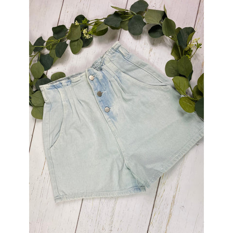 GIRLS HIGH WAIST PLEATED DENIM SHORTS