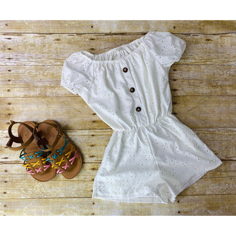 GIRLS BUTTON DOWN EYELET ROMPER