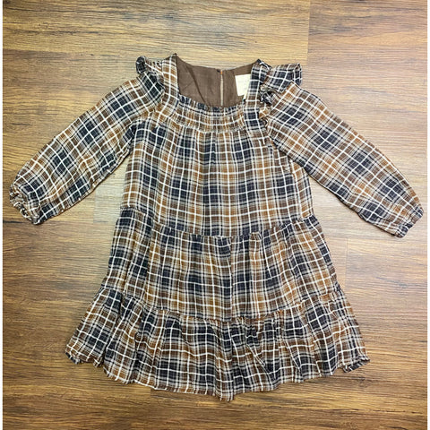 Girls Plaid Smocked Square Neck Ruffled Long Sleeve Dress