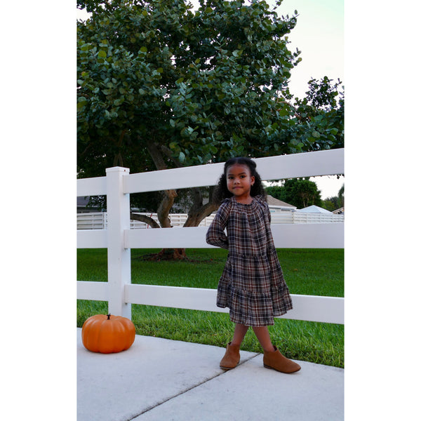 Girls Plaid Smocked Square Neck Ruffled Long Sleeve Dress