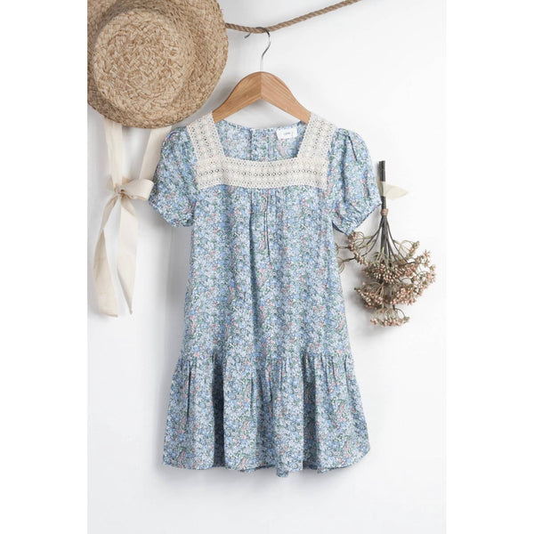 Floral Lace Trim Puff Sleeve Dress