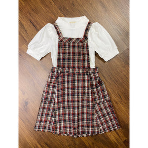 Girls TexturedCheckered Belted Overall Dress